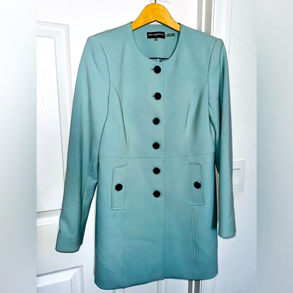 Karl Lagerfeld Paris Long Classic Blazer/Trench-coat. AQUA with Black Buttons